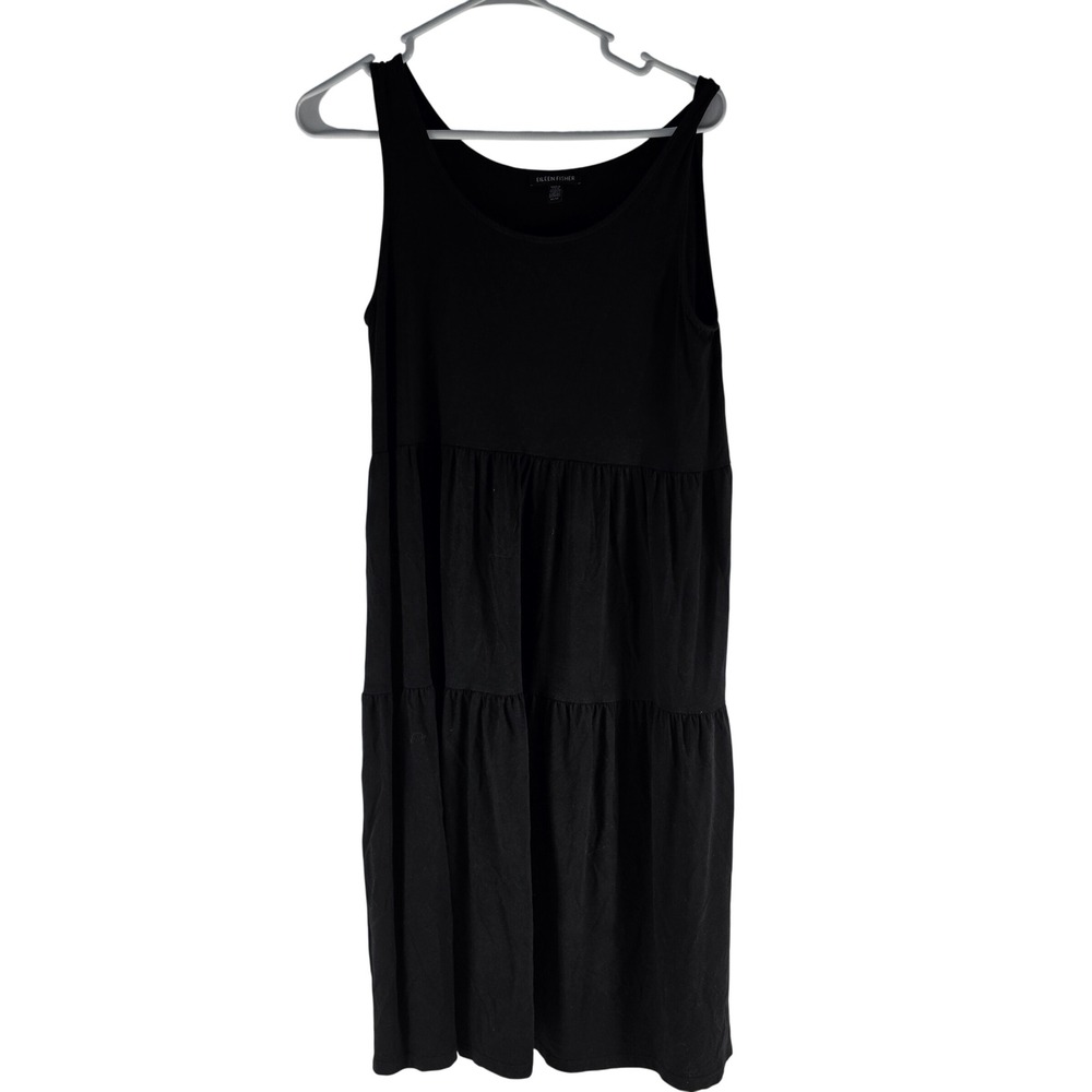 Eileen Fisher Black Tencel Jersey Tiered Tank Midi Dress XS Sleeveless Scoop